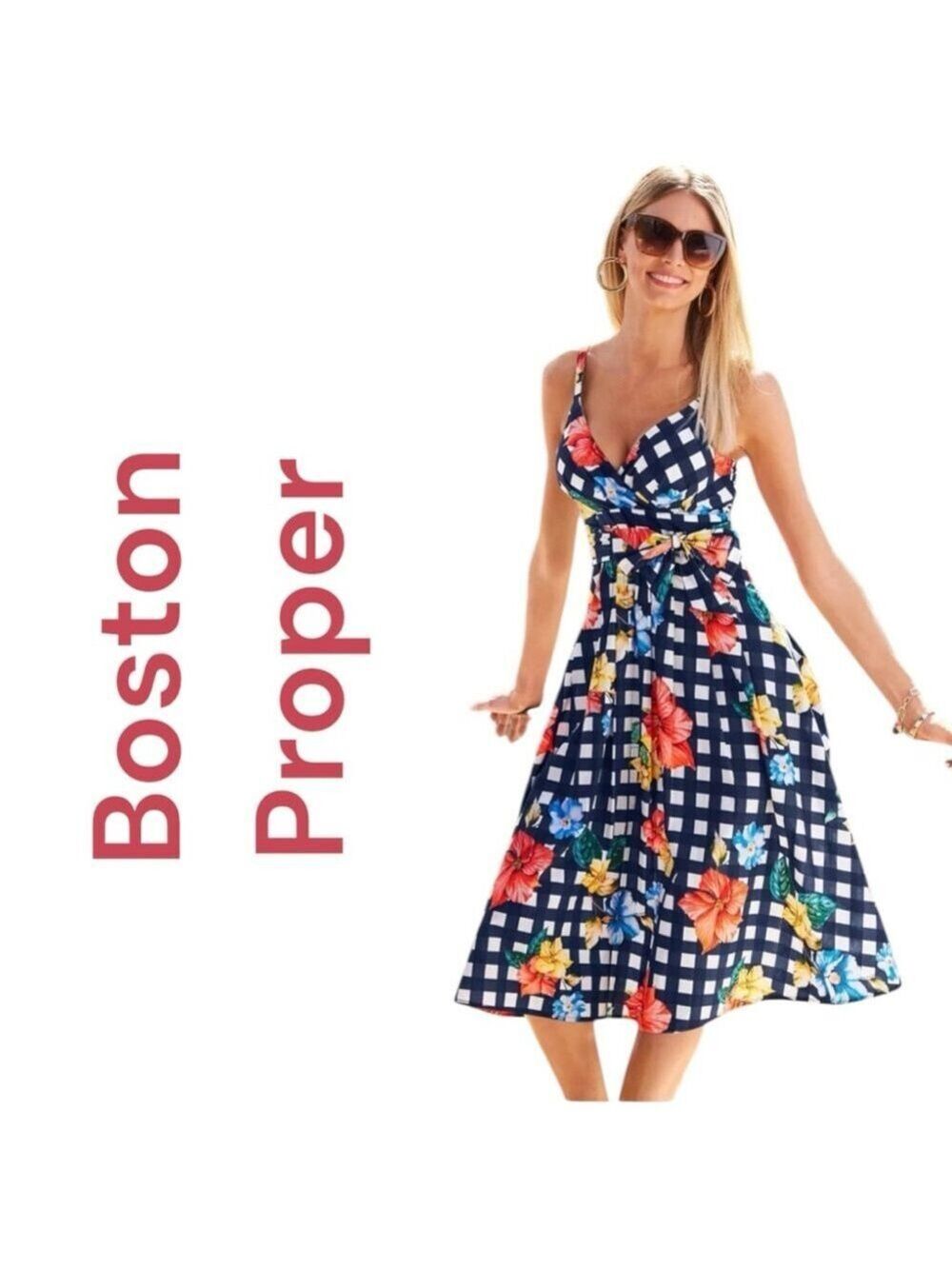Boston Proper gingham Floral Summer dress Retro Style Fit & Flare Size 6 NWOT